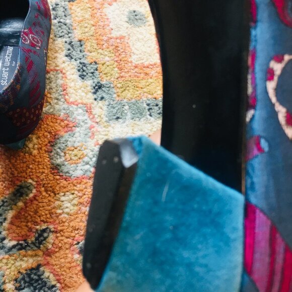 STUART WEITZMAN FOR MR. SEYMOUR Vintage Blue Silk Tie Print Suede Heels 8 AAA - Picture 12 of 14